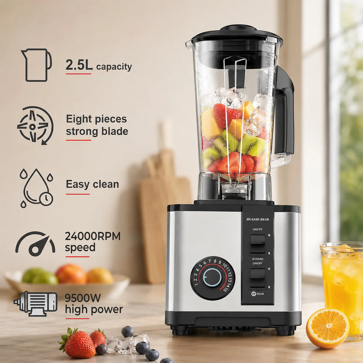 Liquidificador e Triturador de Alta Velocidade 2-in-1 2.5L 9500W - 24000RPM