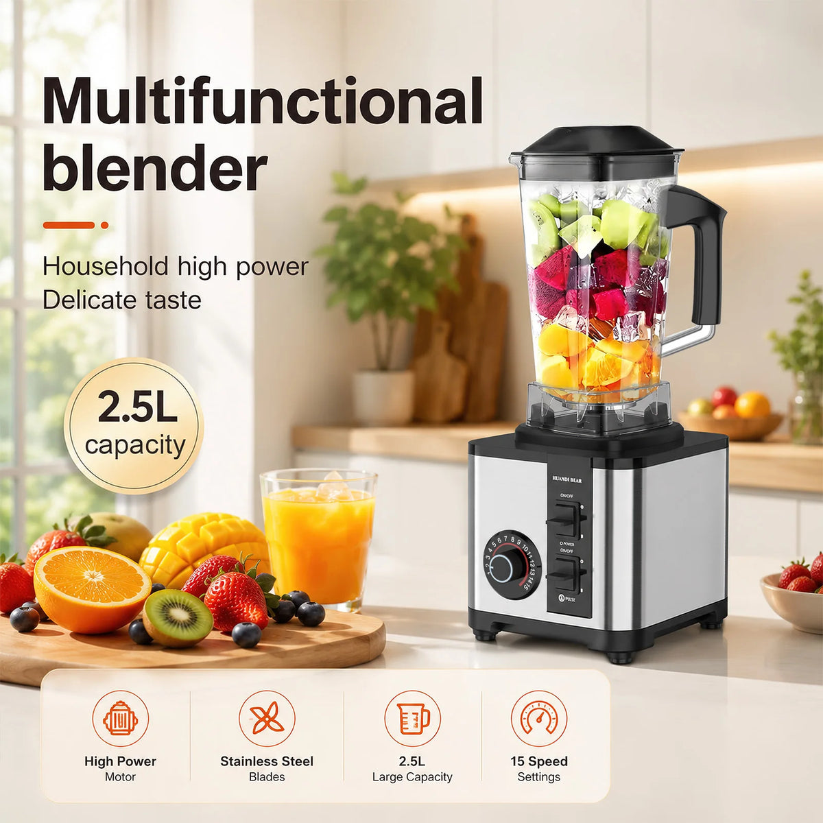Liquidificador e Triturador de Alta Velocidade 2-in-1 2.5L 9500W - 24000RPM