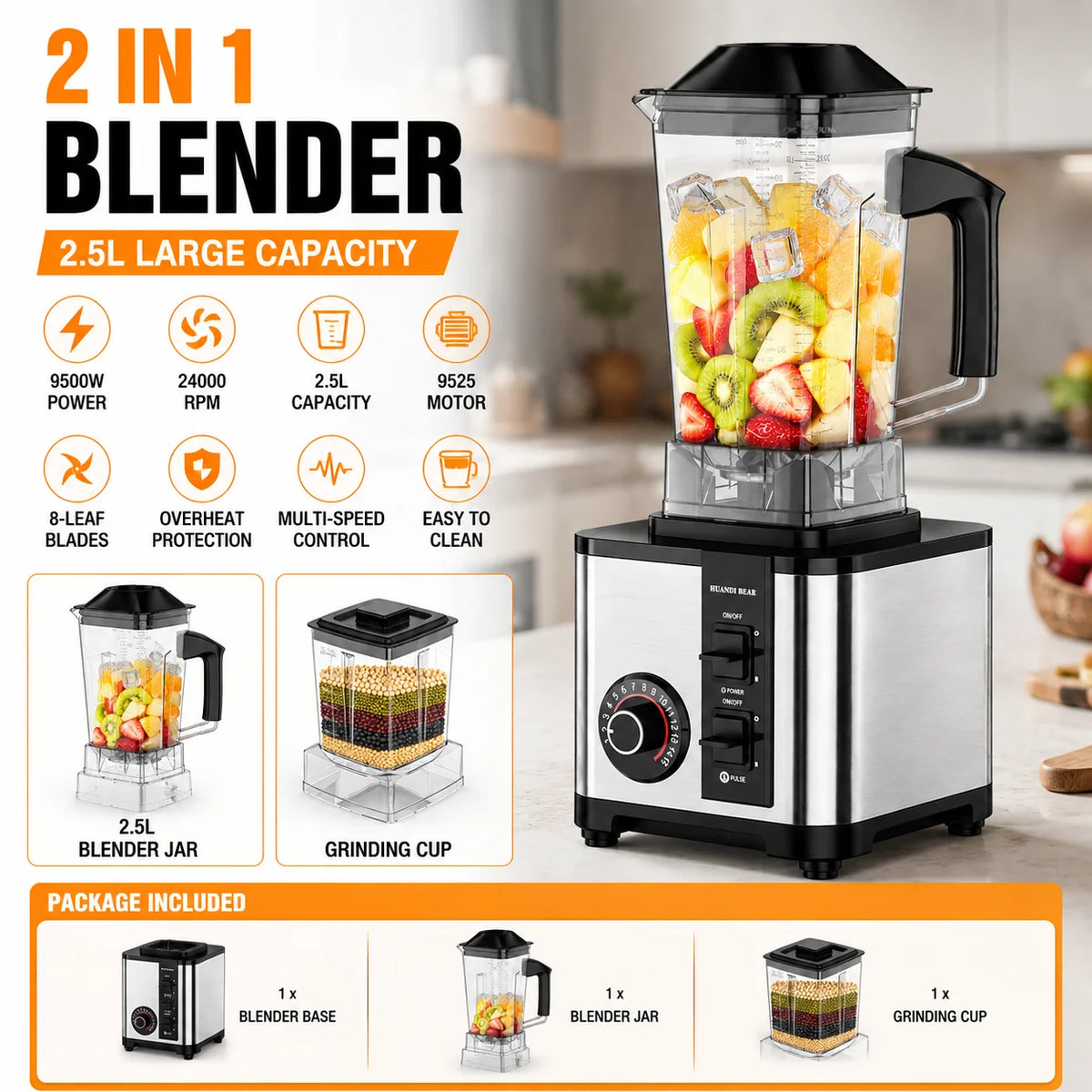 Liquidificador e Triturador de Alta Velocidade 2-in-1 2.5L 9500W - 24000RPM