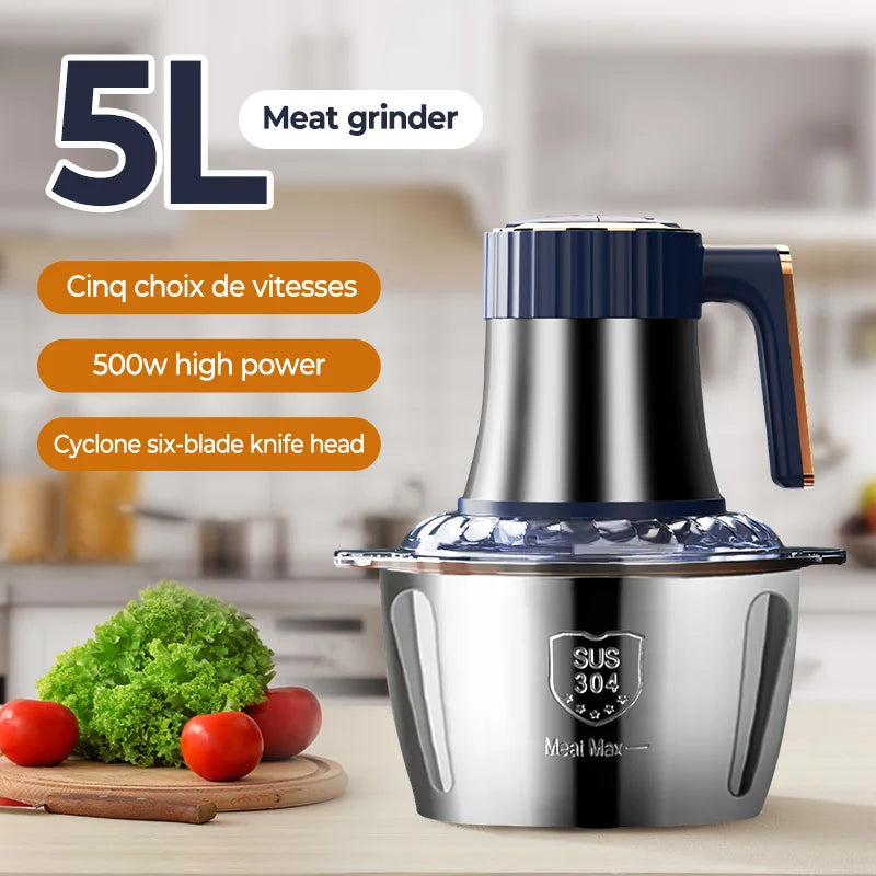 Picadora e Processador de Alimentos Elétrico em Aço Inoxidável 5L