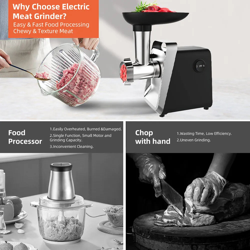 Picadora de Carne Elétrica 750 W em Aço Inoxidável com Acessórios para Enchidos