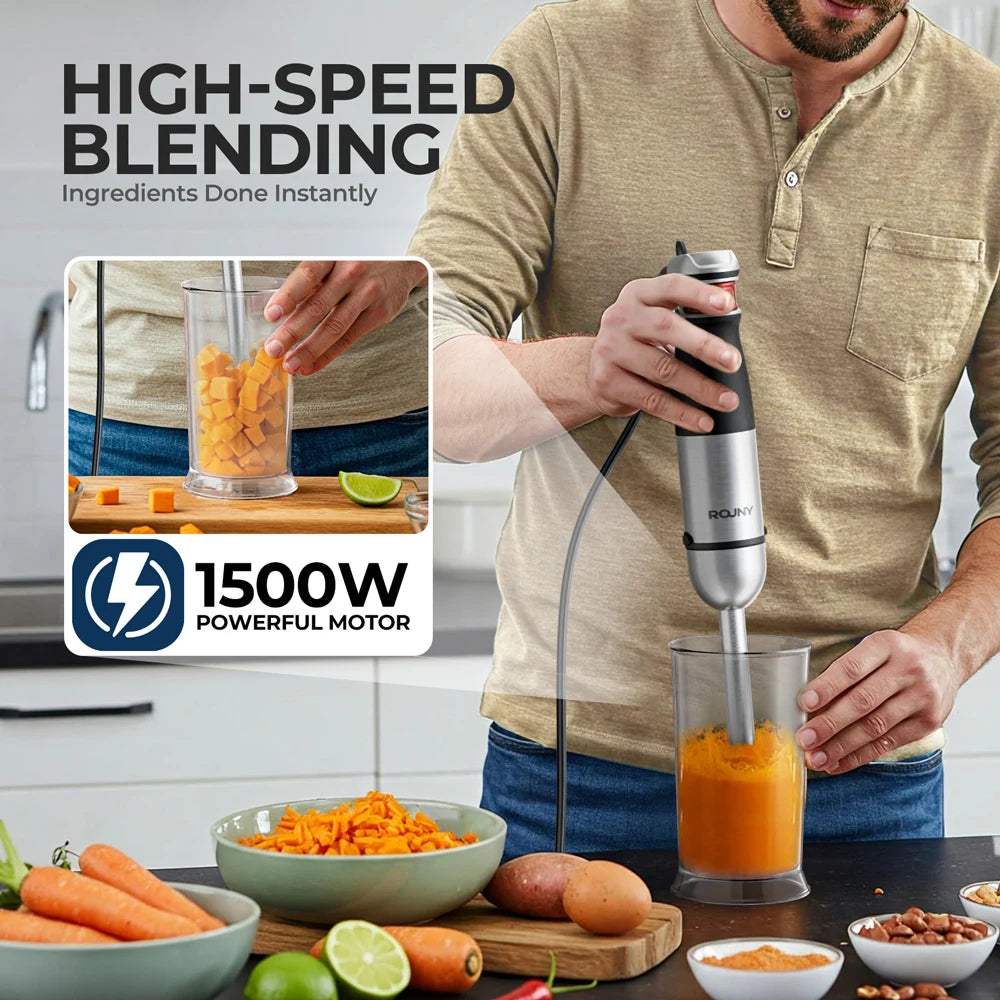 Varinha Mágica 6 em 1 ROUNY 1500W - Aço Inoxidável com Picadora e Batedeira