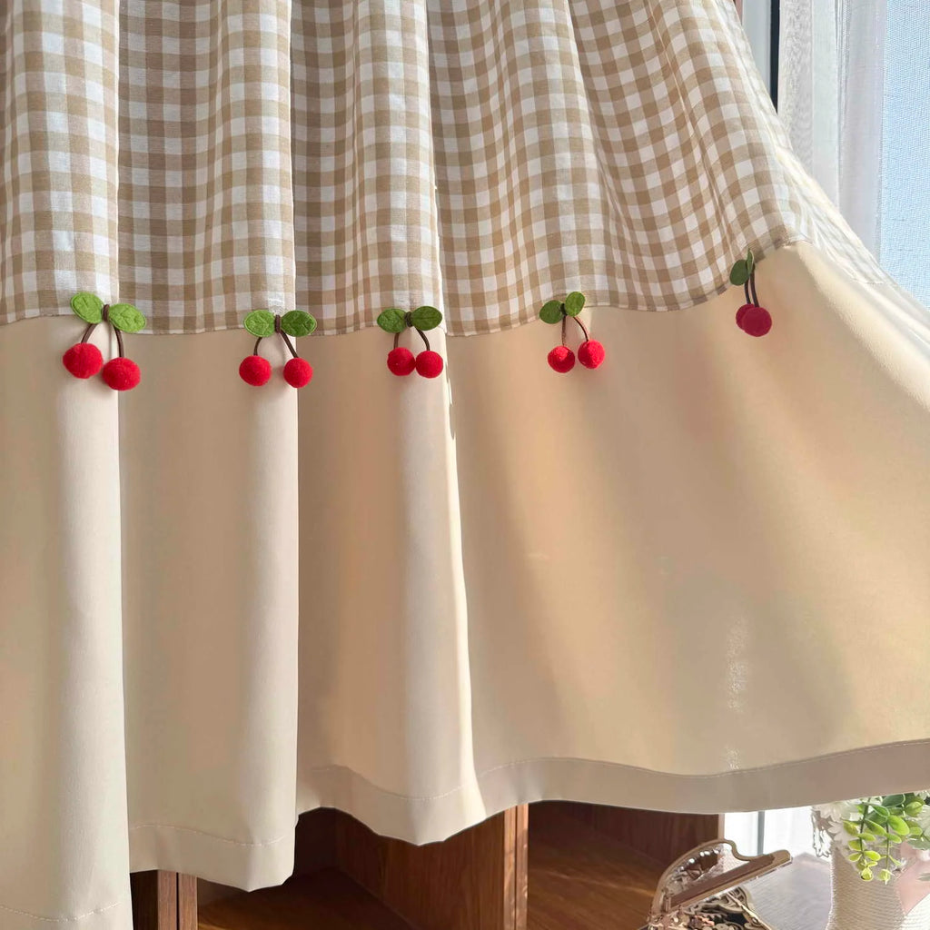 Cortina Curta com Decoração de Cerejas Estilo Romântico e Fofo para Janela de Cozinha