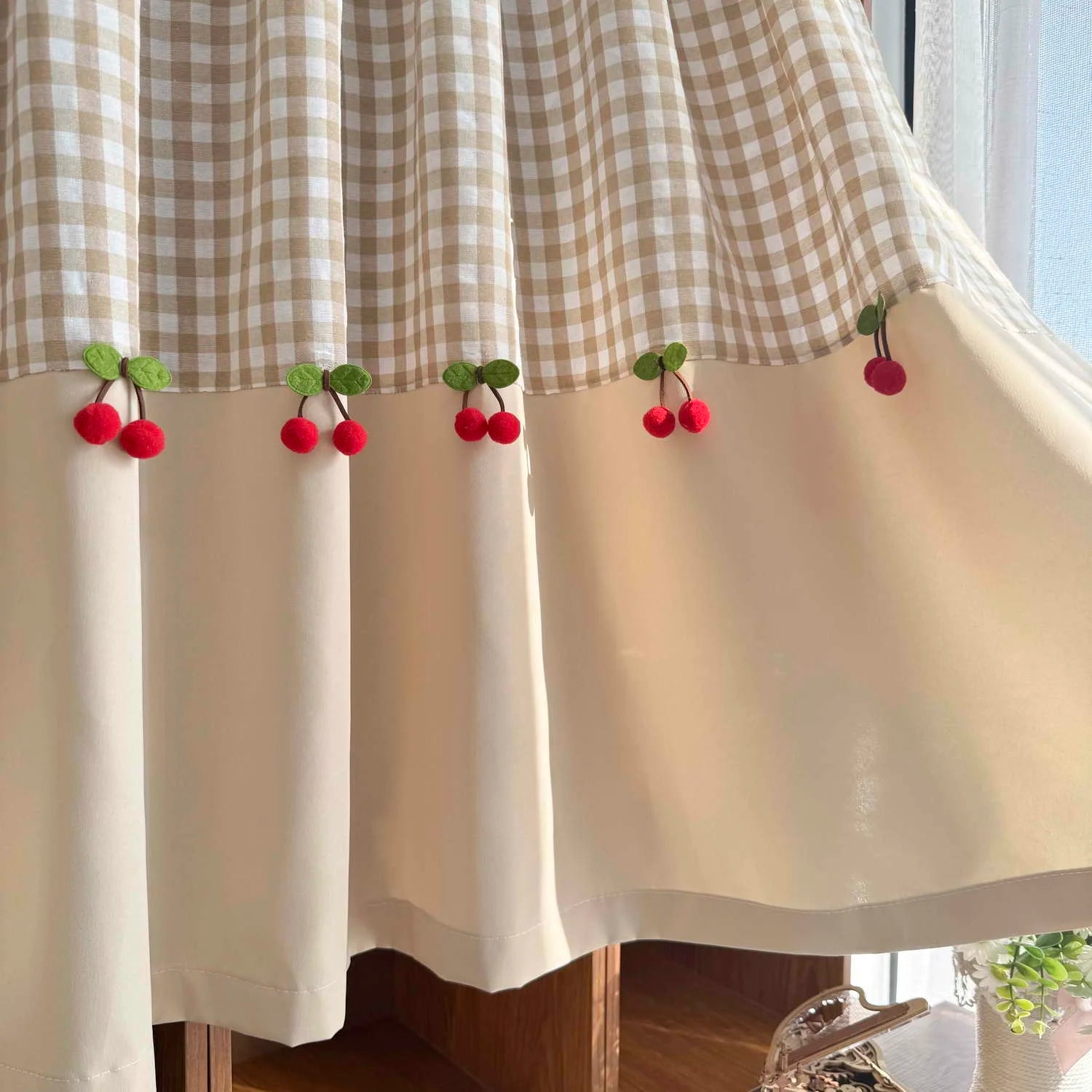 Cortina Curta com Decoração de Cerejas Estilo Romântico e Fofo para Janela de Cozinha