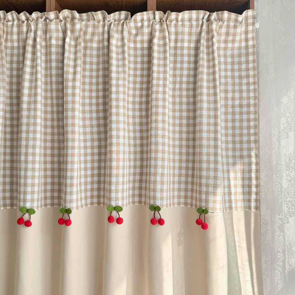 Cortina Curta com Decoração de Cerejas Estilo Romântico e Fofo para Janela de Cozinha