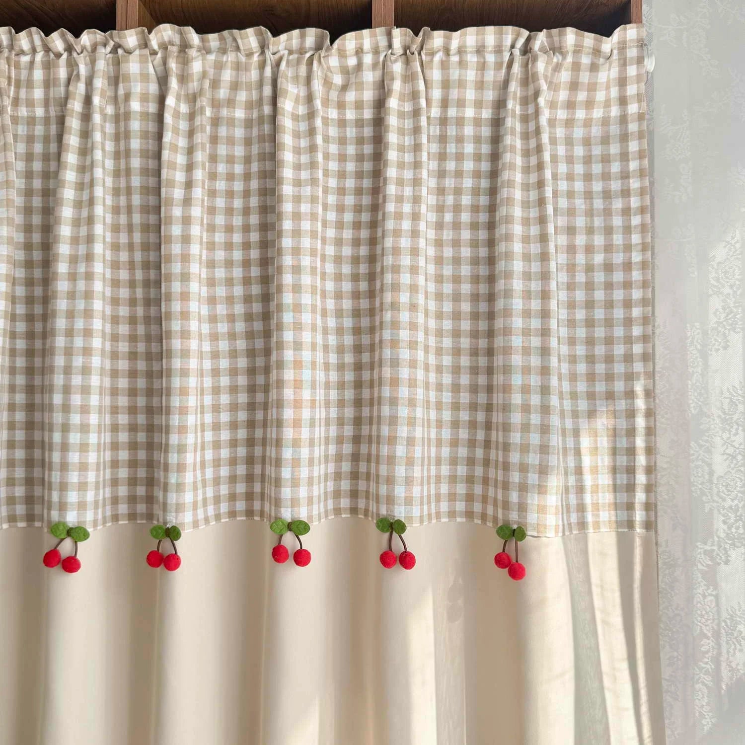 Cortina Curta com Decoração de Cerejas Estilo Romântico e Fofo para Janela de Cozinha