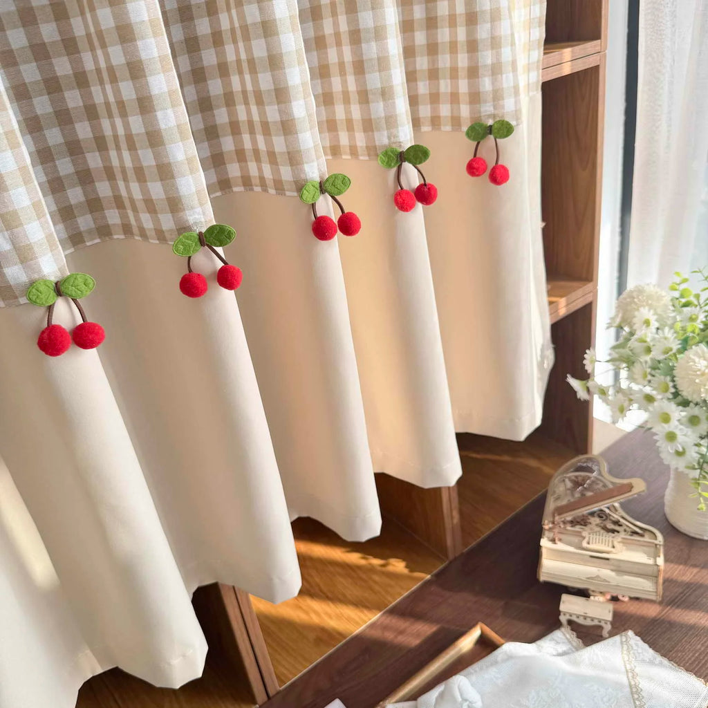 Cortina Curta com Decoração de Cerejas Estilo Romântico e Fofo para Janela de Cozinha