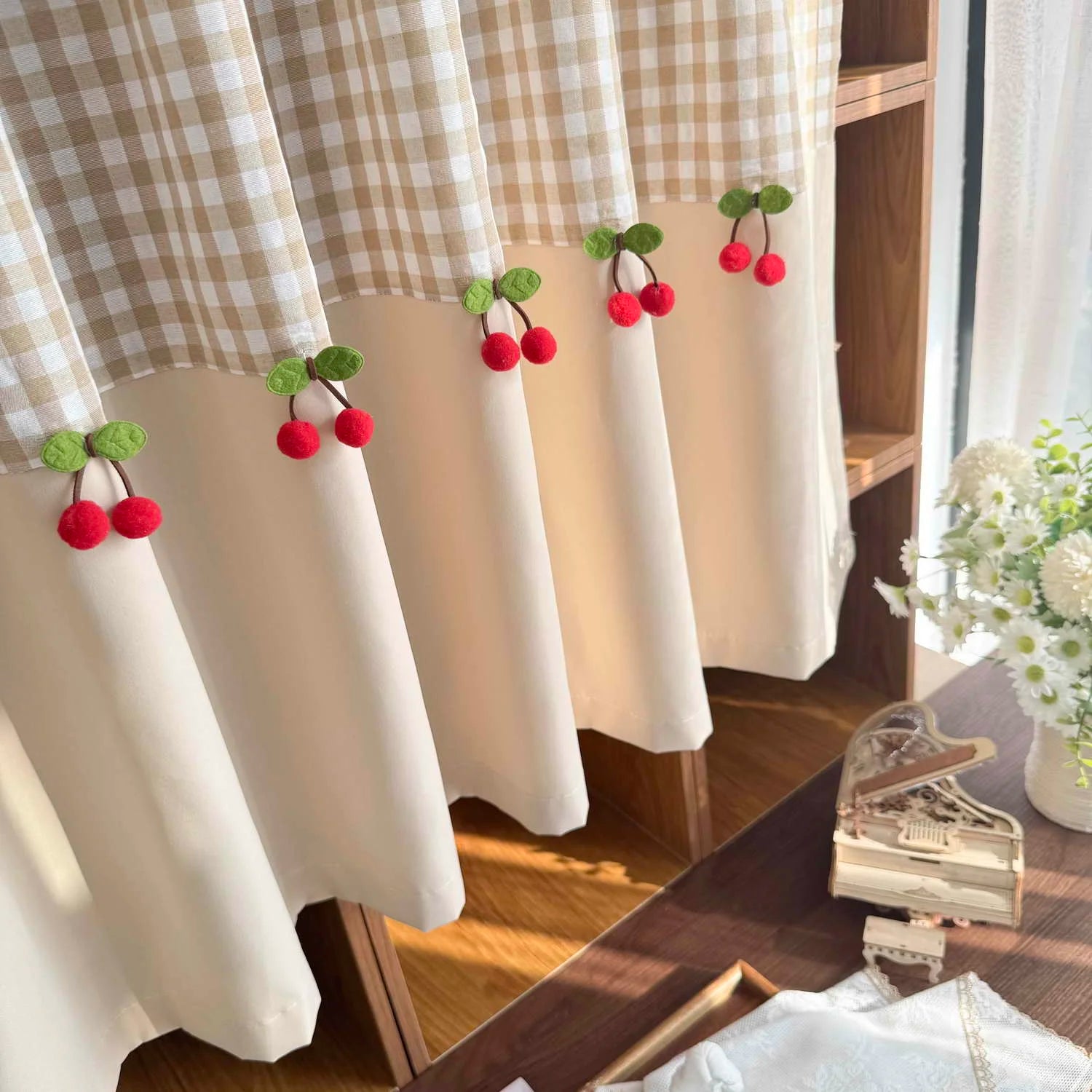 Cortina Curta com Decoração de Cerejas Estilo Romântico e Fofo para Janela de Cozinha