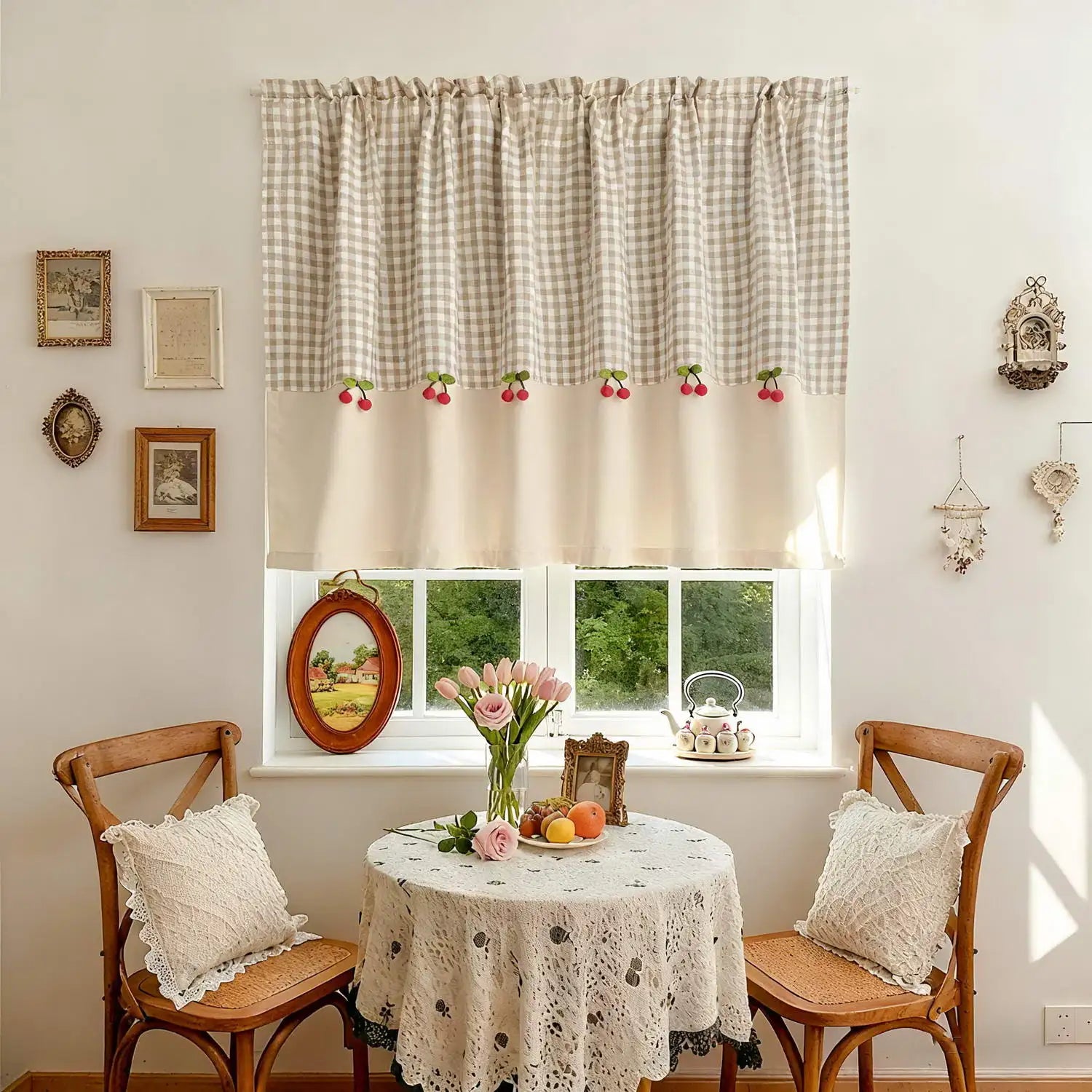 Cortina Curta com Decoração de Cerejas Estilo Romântico e Fofo para Janela de Cozinha