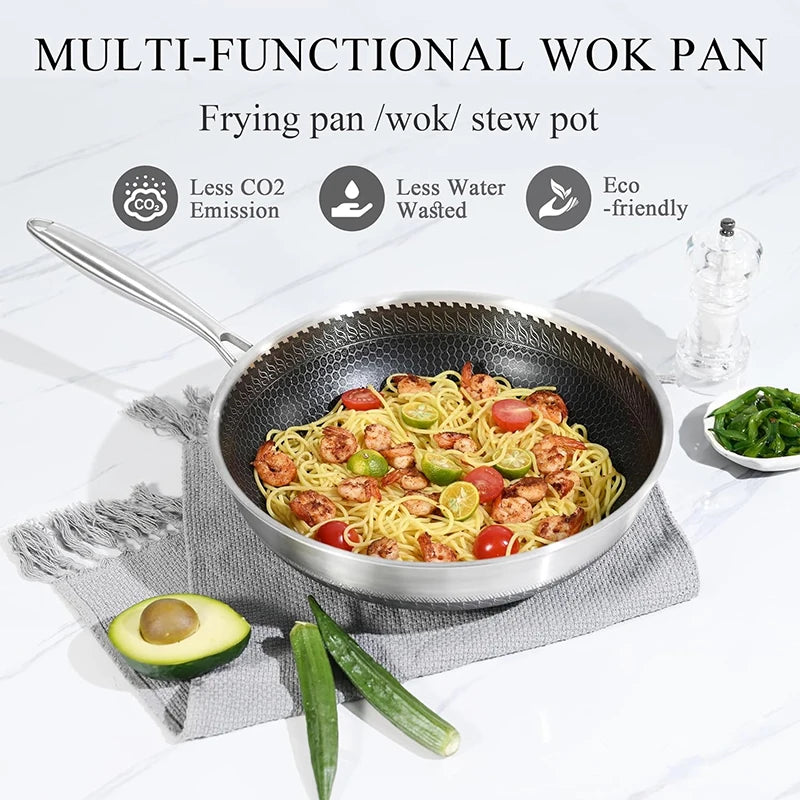 Wok Antiaderente Híbrido em Aço Inoxidável 316 com Tampa de Vidro (28-30 cm)
