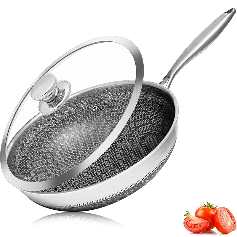Wok Antiaderente Híbrido em Aço Inoxidável 316 com Tampa de Vidro (28-30 cm)