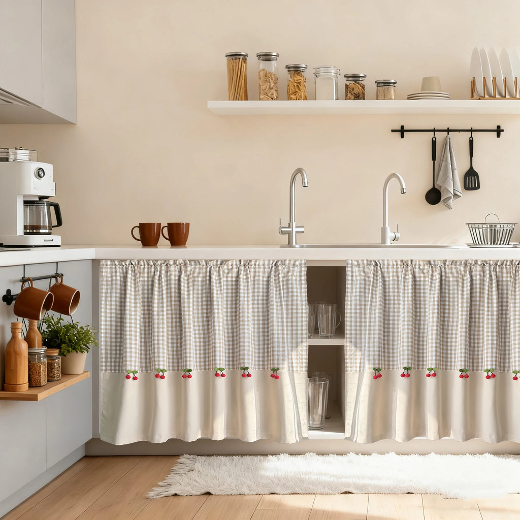 Cortina Curta com Decoração de Cerejas Estilo Romântico e Fofo para Janela de Cozinha