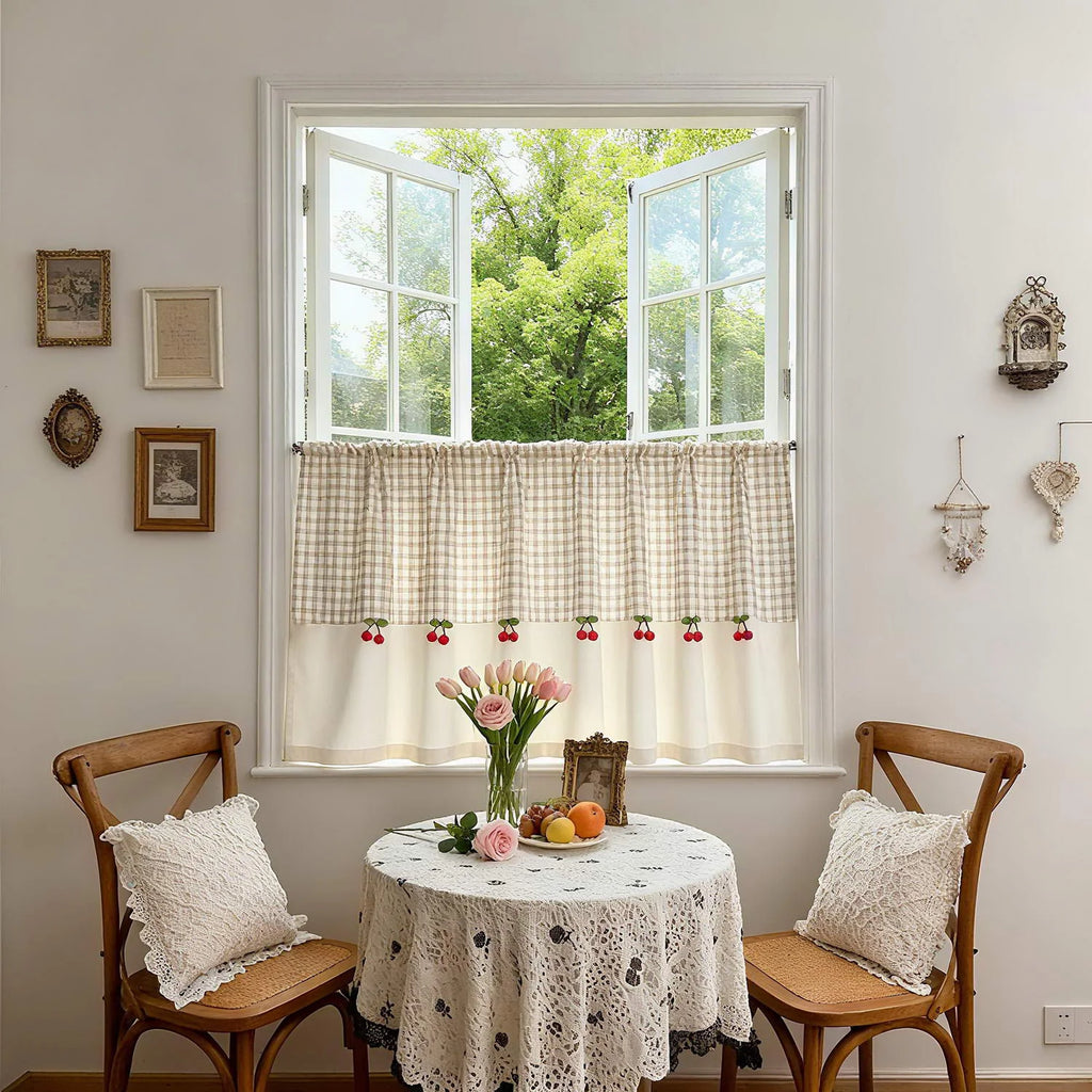 Cortina Curta com Decoração de Cerejas Estilo Romântico e Fofo para Janela de Cozinha