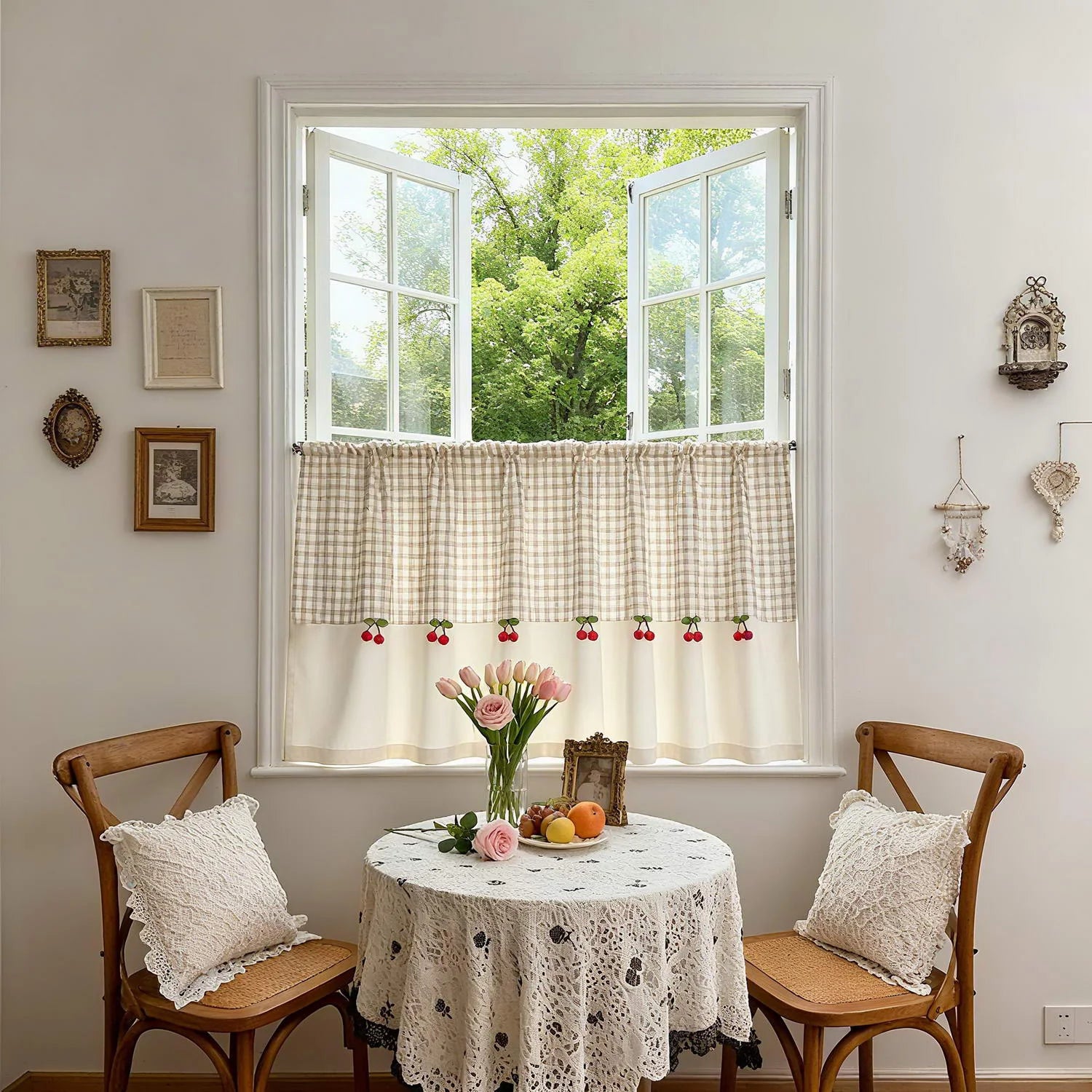 Cortina Curta com Decoração de Cerejas Estilo Romântico e Fofo para Janela de Cozinha