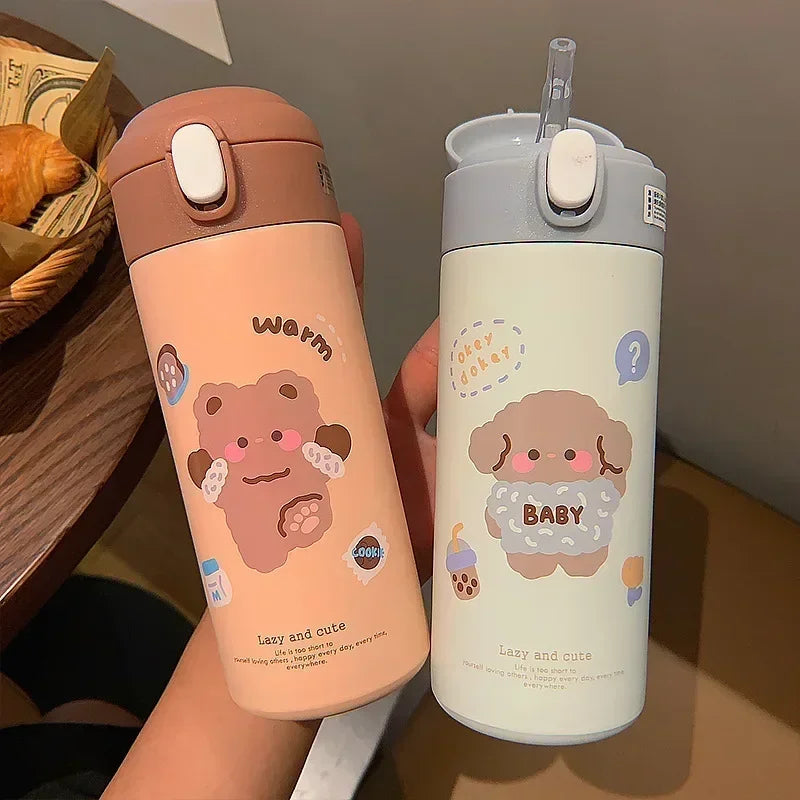 Garrafa Térmica Infantil e Juvenil em Aço Inoxidável com Palhinha e Design Fofo (380 ml)