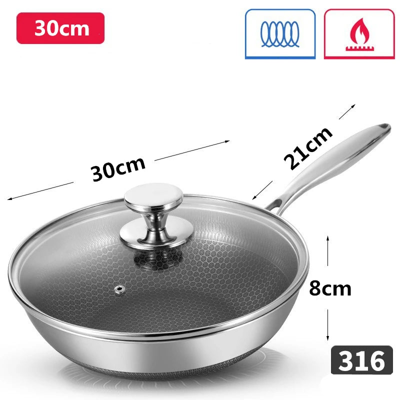 Wok Antiaderente Híbrido em Aço Inoxidável 316 com Tampa de Vidro (28-30 cm)